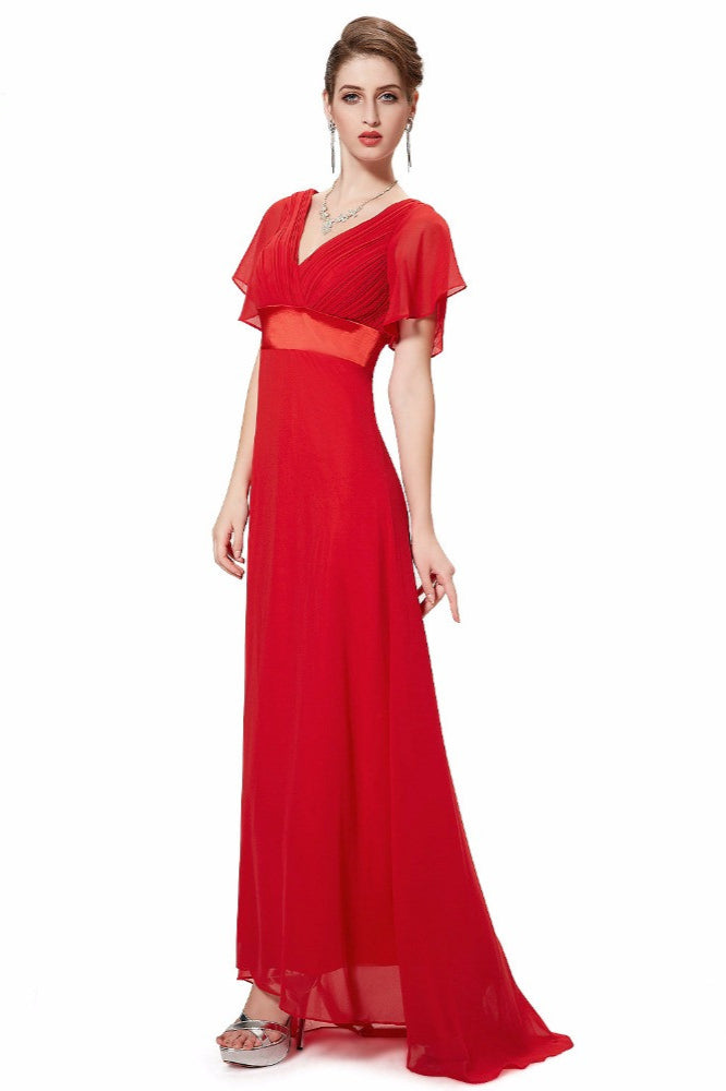 Elegant Short Sleeve Chiffon Evening Dress with Ruffles Long Prom Gowns-BallBride