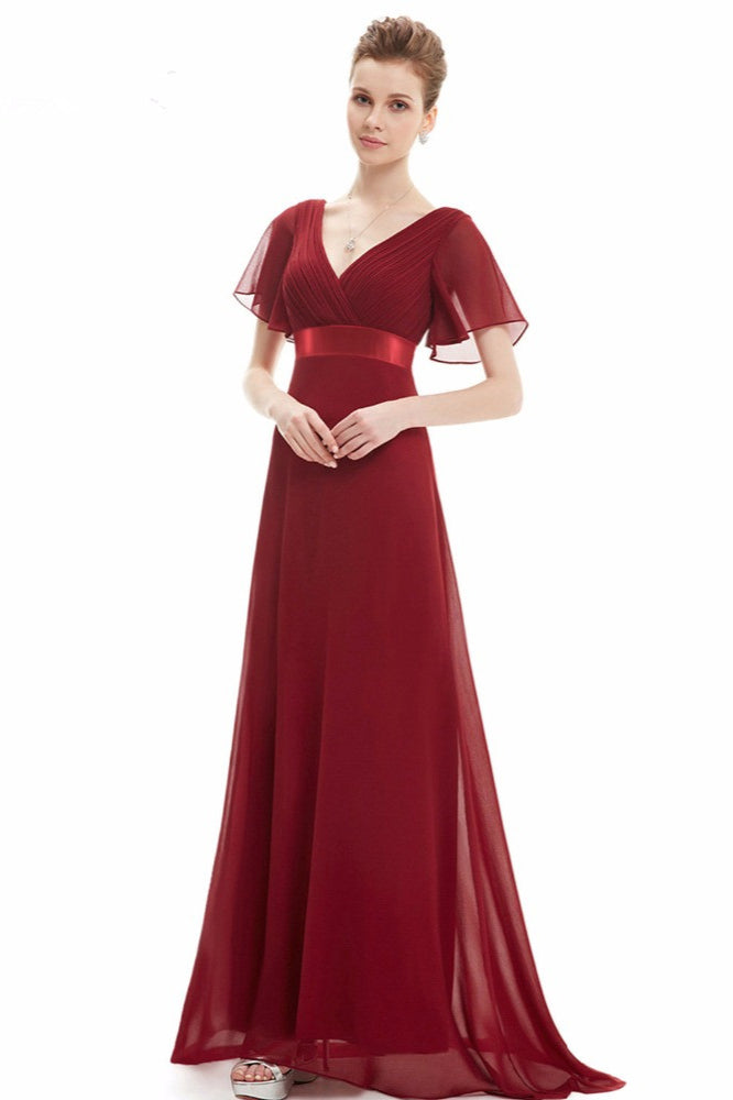 Elegant Short Sleeve Chiffon Evening Dress with Ruffles Long Prom Gowns-BallBride