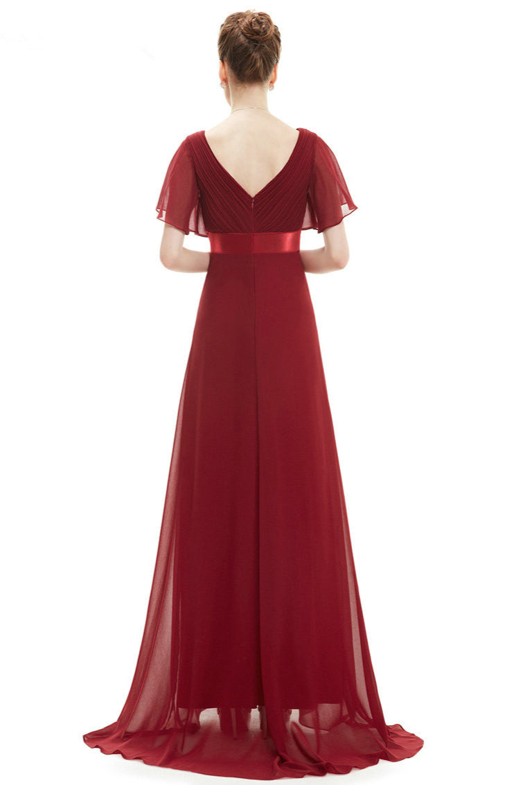 Elegant Short Sleeve Chiffon Evening Dress with Ruffles Long Prom Gowns-BallBride