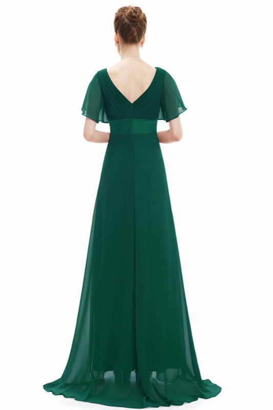 Elegant Short Sleeve Chiffon Evening Dress with Ruffles Long Prom Gowns-BallBride