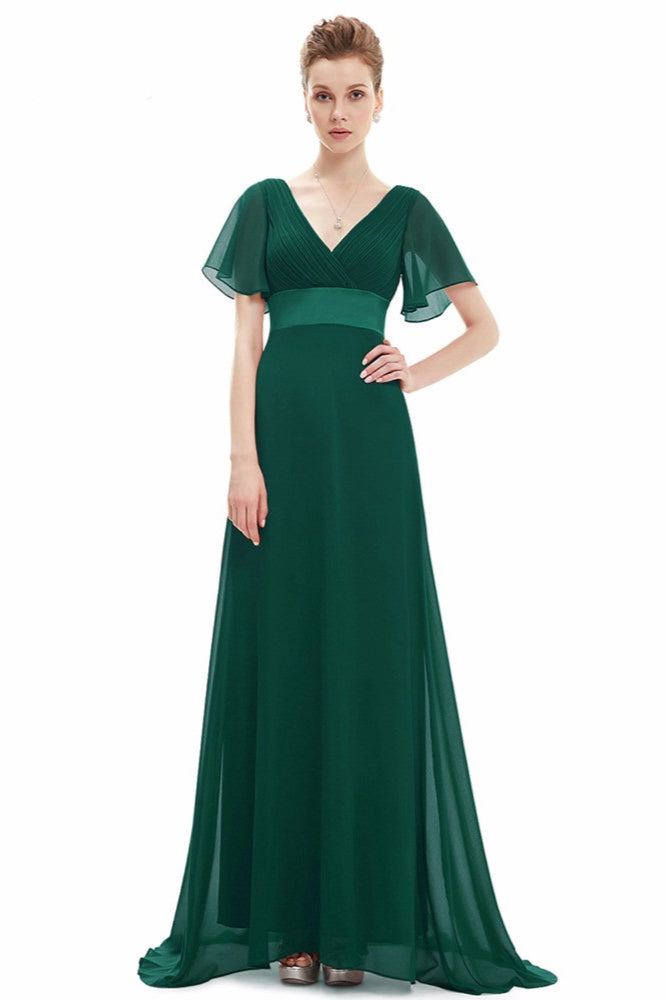 Elegant Short Sleeve Chiffon Evening Dress with Ruffles Long Prom Gowns-BallBride