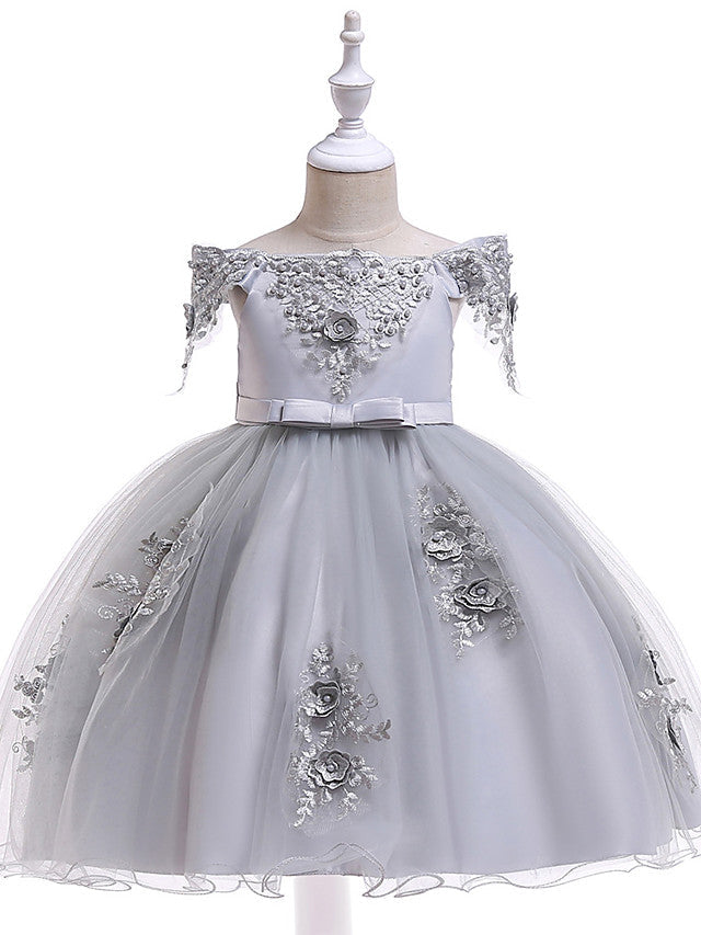 Elegant Short Sleeve Off Shoulder Above Knee Flower Girl Dress with Satin Tulle Lace Beadings and Appliques-BallBride