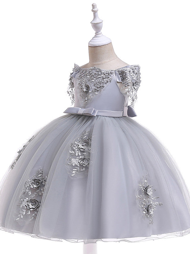Elegant Short Sleeve Off Shoulder Above Knee Flower Girl Dress with Satin Tulle Lace Beadings and Appliques-BallBride