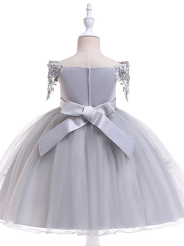 Elegant Short Sleeve Off Shoulder Above Knee Flower Girl Dress with Satin Tulle Lace Beadings and Appliques-BallBride