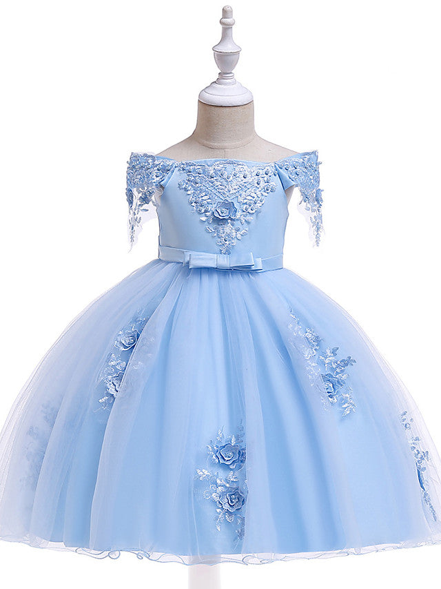 Elegant Short Sleeve Off Shoulder Above Knee Flower Girl Dress with Satin Tulle Lace Beadings and Appliques-BallBride