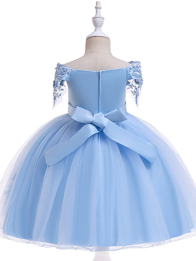 Elegant Short Sleeve Off Shoulder Above Knee Flower Girl Dress with Satin Tulle Lace Beadings and Appliques-BallBride
