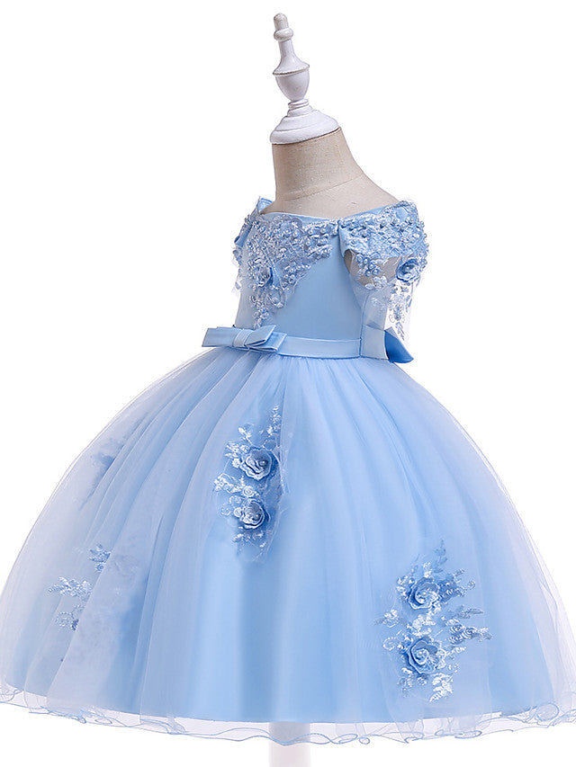 Elegant Short Sleeve Off Shoulder Above Knee Flower Girl Dress with Satin Tulle Lace Beadings and Appliques-BallBride