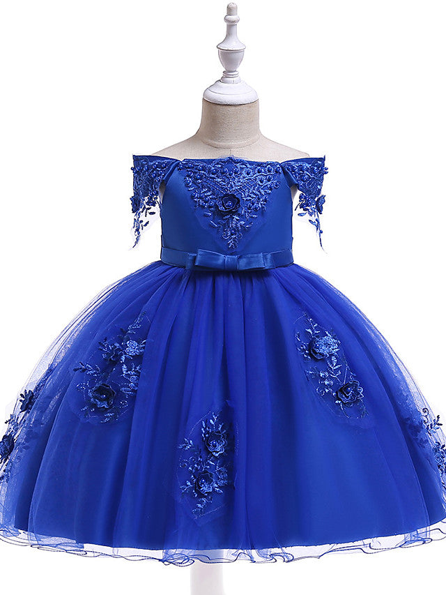 Elegant Short Sleeve Off Shoulder Above Knee Flower Girl Dress with Satin Tulle Lace Beadings and Appliques-BallBride
