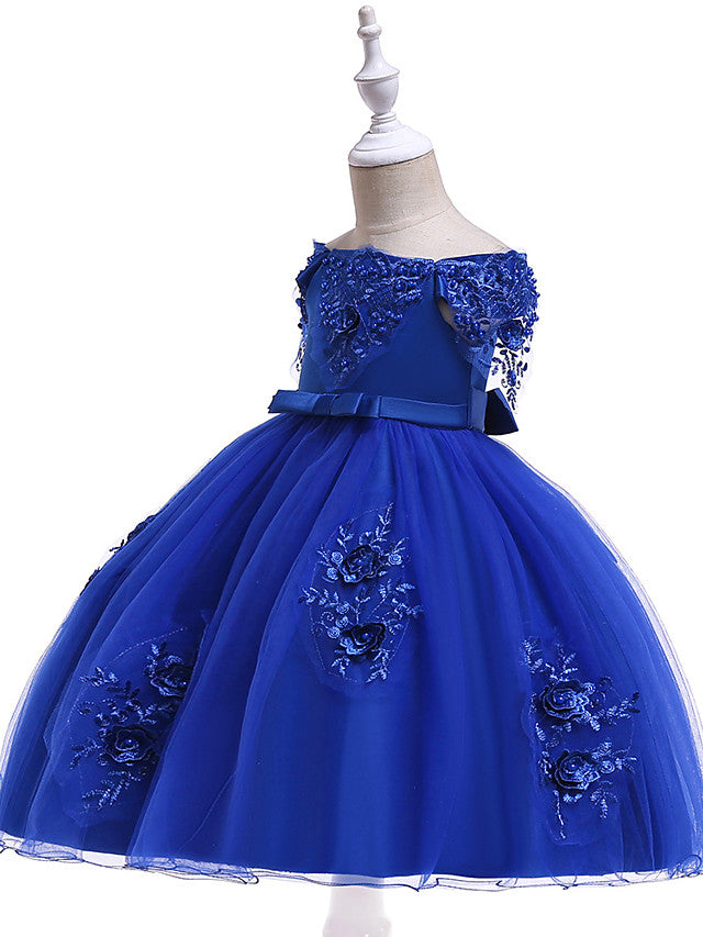 Elegant Short Sleeve Off Shoulder Above Knee Flower Girl Dress with Satin Tulle Lace Beadings and Appliques-BallBride