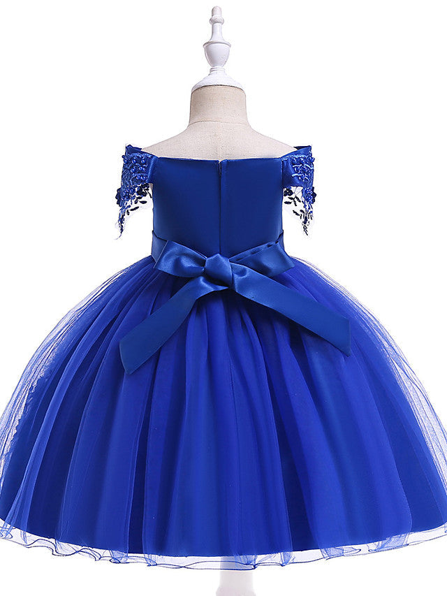 Elegant Short Sleeve Off Shoulder Above Knee Flower Girl Dress with Satin Tulle Lace Beadings and Appliques-BallBride