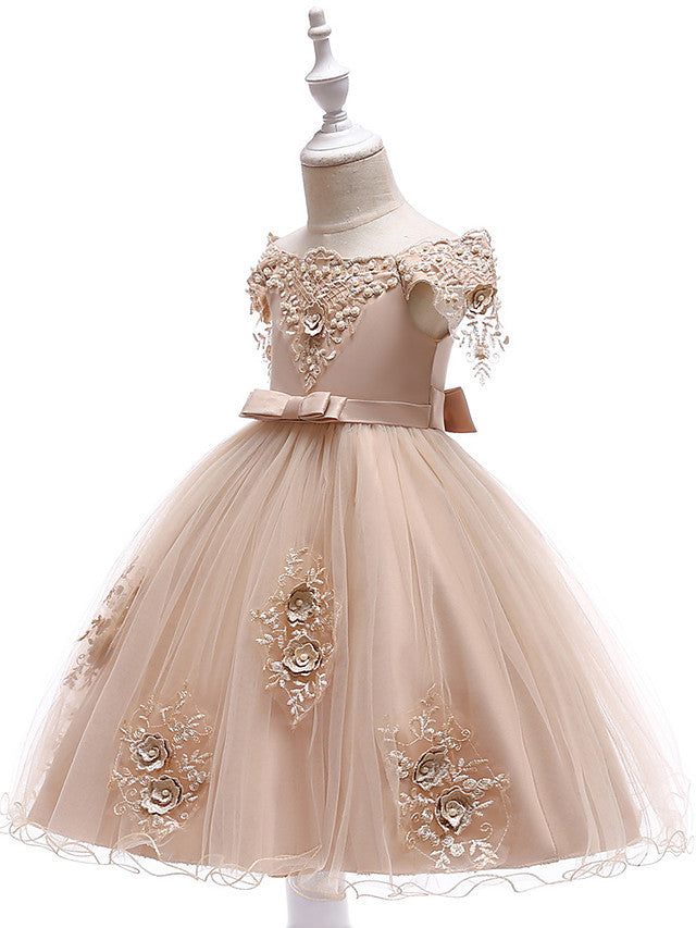 Elegant Short Sleeve Off Shoulder Above Knee Flower Girl Dress with Satin Tulle Lace Beadings and Appliques-BallBride