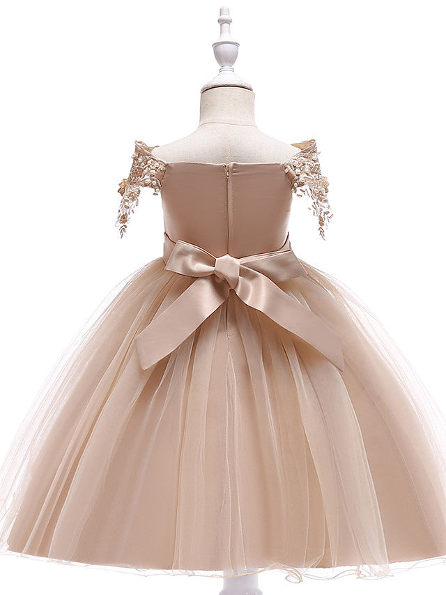 Elegant Short Sleeve Off Shoulder Above Knee Flower Girl Dress with Satin Tulle Lace Beadings and Appliques-BallBride