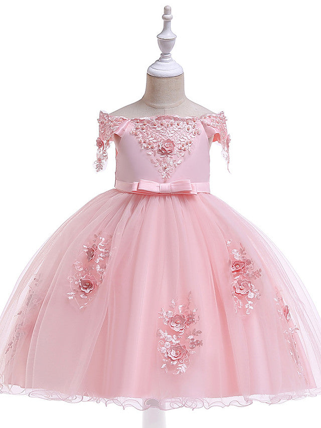 Elegant Short Sleeve Off Shoulder Above Knee Flower Girl Dress with Satin Tulle Lace Beadings and Appliques-BallBride