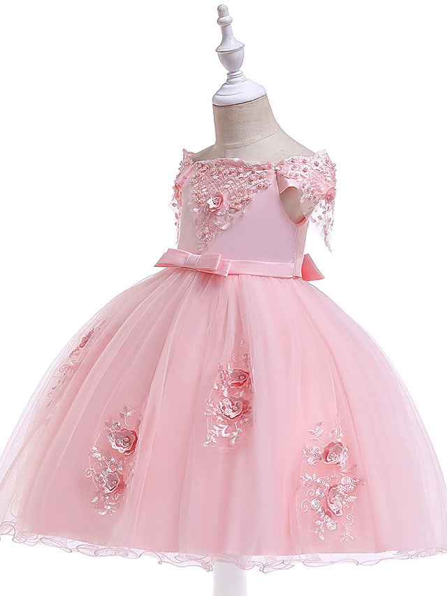 Elegant Short Sleeve Off Shoulder Above Knee Flower Girl Dress with Satin Tulle Lace Beadings and Appliques-BallBride