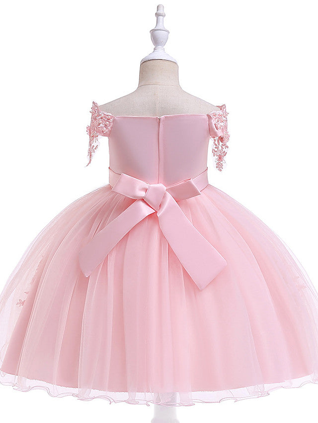 Elegant Short Sleeve Off Shoulder Above Knee Flower Girl Dress with Satin Tulle Lace Beadings and Appliques-BallBride