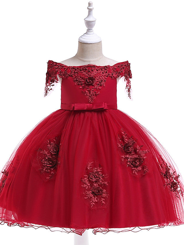 Elegant Short Sleeve Off Shoulder Above Knee Flower Girl Dress with Satin Tulle Lace Beadings and Appliques-BallBride