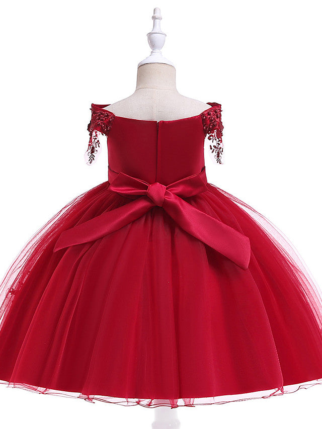 Elegant Short Sleeve Off Shoulder Above Knee Flower Girl Dress with Satin Tulle Lace Beadings and Appliques-BallBride