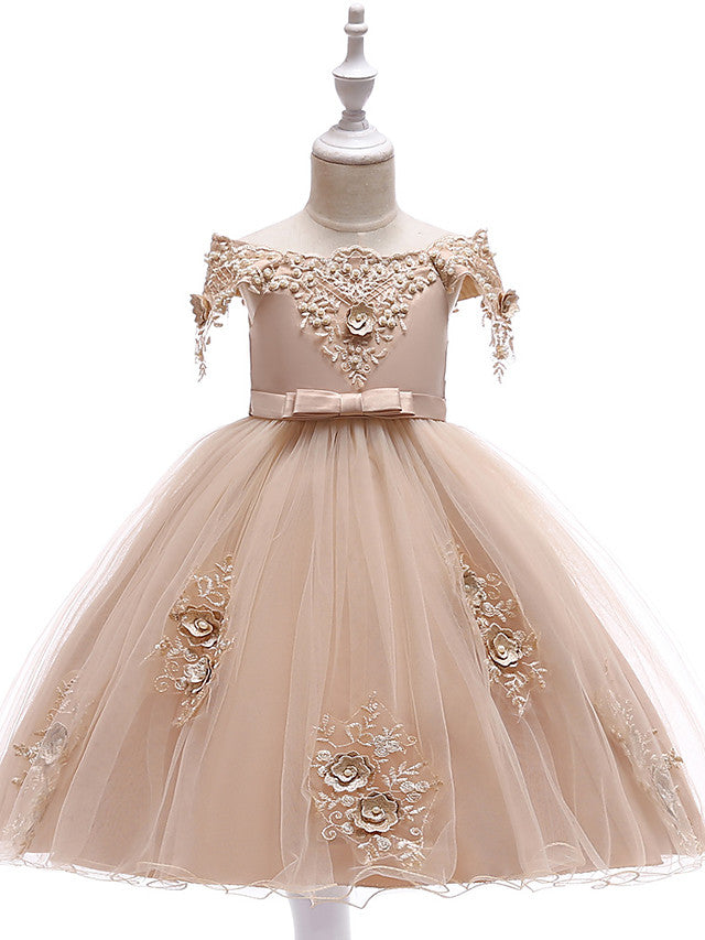 Elegant Short Sleeve Off Shoulder Above Knee Flower Girl Dress with Satin Tulle Lace Beadings and Appliques-BallBride