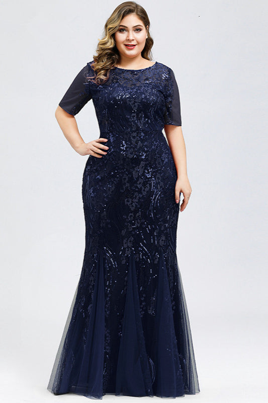 Elegant Short Sleeve Sequins Mermaid Plus Size Evening Prom Dress-BallBride