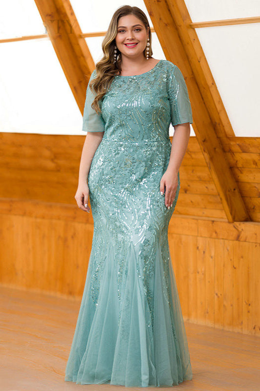 Elegant Short Sleeve Sequins Mermaid Plus Size Evening Prom Dress-BallBride