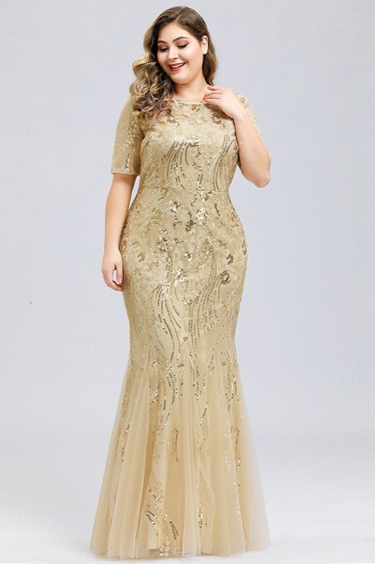 Elegant Short Sleeve Sequins Mermaid Plus Size Evening Prom Dress-BallBride