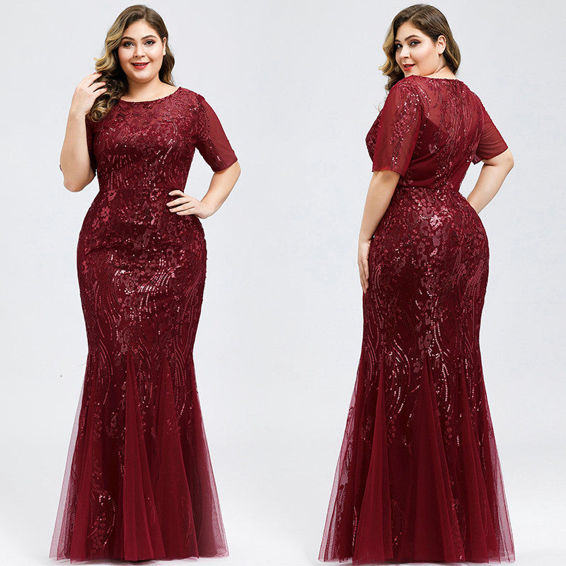 Elegant Short Sleeve Sequins Mermaid Plus Size Evening Prom Dress-BallBride