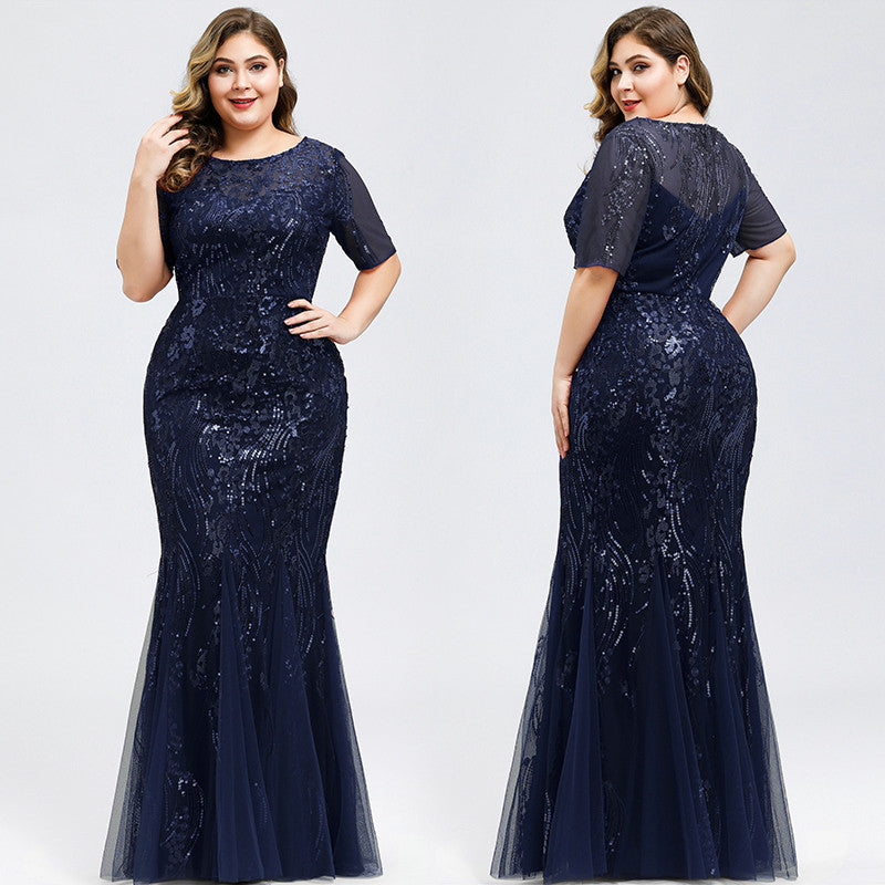 Elegant Short Sleeve Sequins Mermaid Plus Size Evening Prom Dress-BallBride