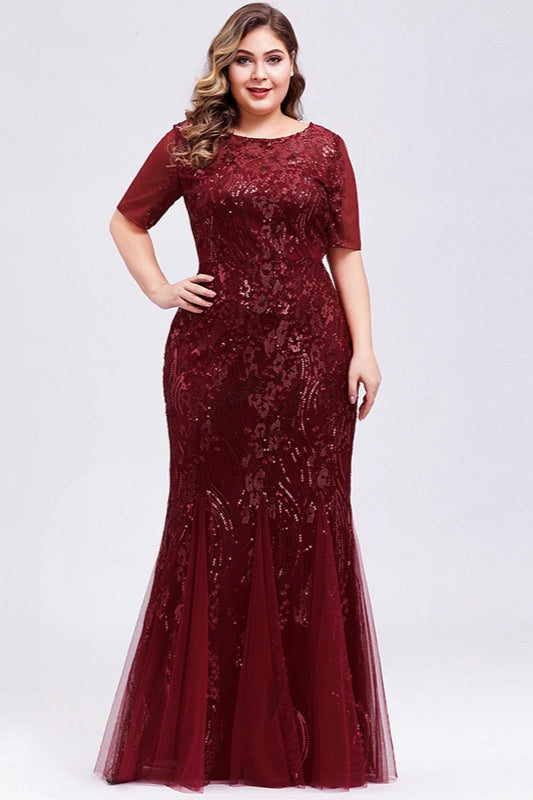 Elegant Short Sleeve Sequins Mermaid Plus Size Evening Prom Dress-BallBride