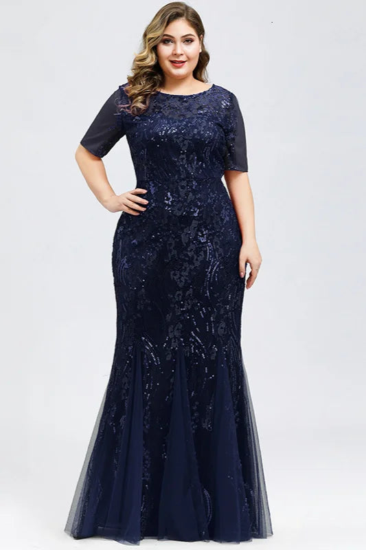 Elegant Short Sleeve Sequins Mermaid Plus Size Evening Prom Dress Online-BallBride