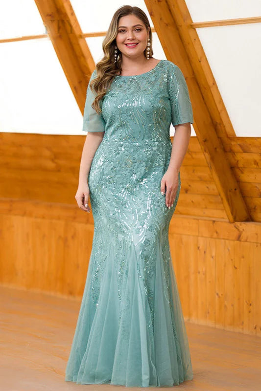 Elegant Short Sleeve Sequins Mermaid Plus Size Evening Prom Dress Online-BallBride
