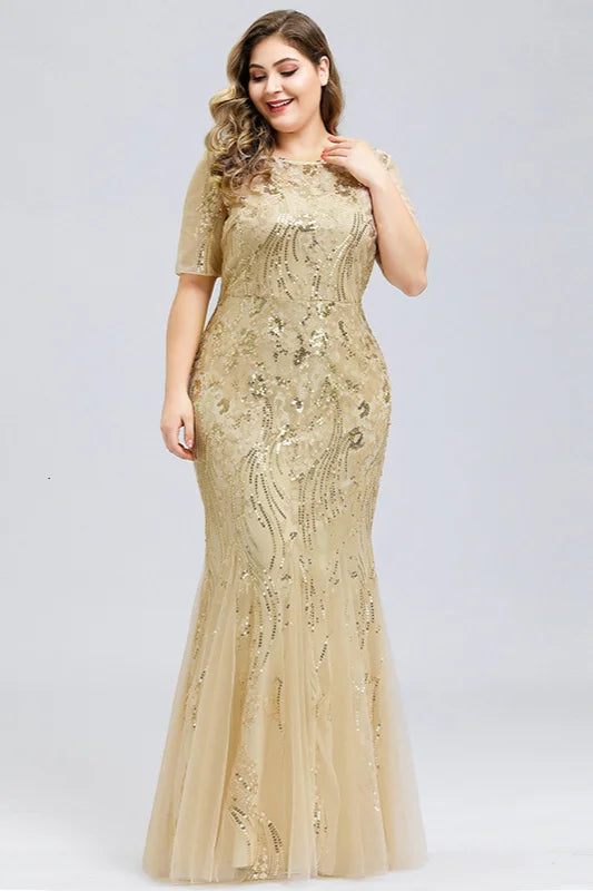 Elegant Short Sleeve Sequins Mermaid Plus Size Evening Prom Dress Online-BallBride