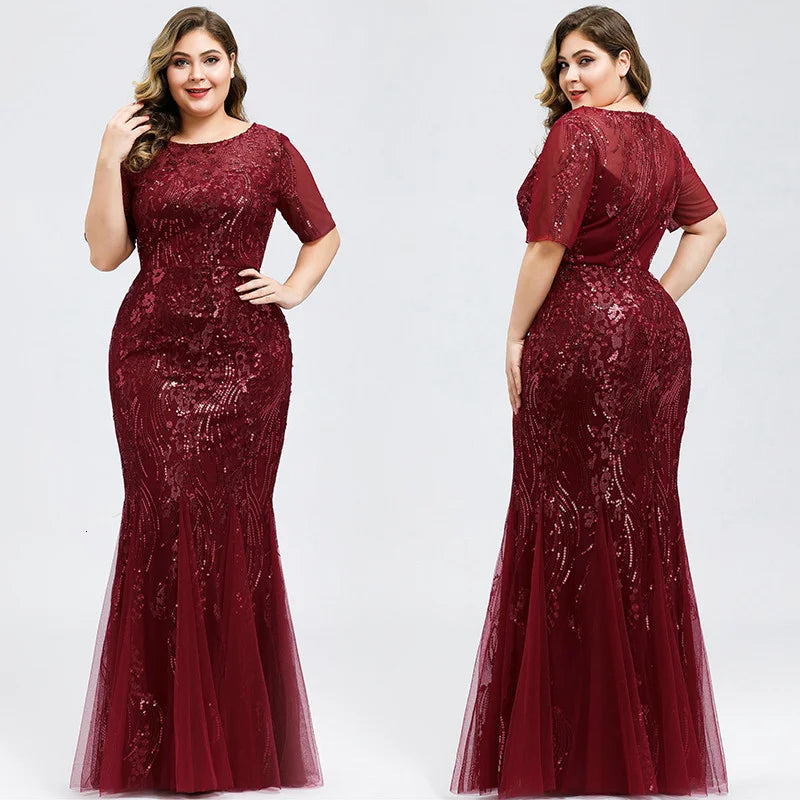 Elegant Short Sleeve Sequins Mermaid Plus Size Evening Prom Dress Online-BallBride