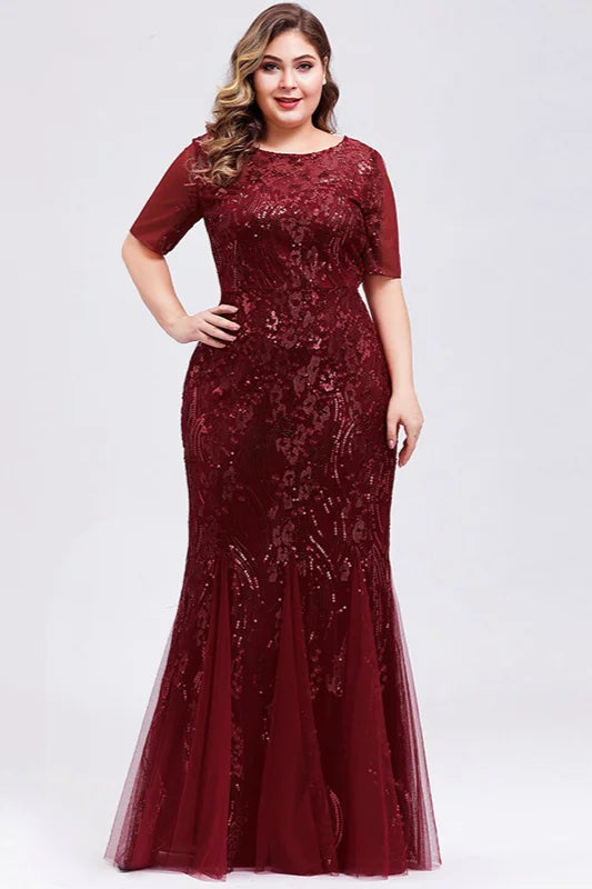 Elegant Short Sleeve Sequins Mermaid Plus Size Evening Prom Dress Online-BallBride