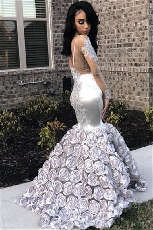 Elegant Silver Mermaid Prom Dress with Flower Bottom-BallBride