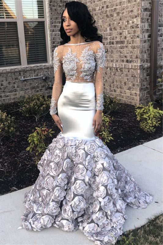 Elegant Silver Mermaid Prom Dress with Flower Bottom-BallBride