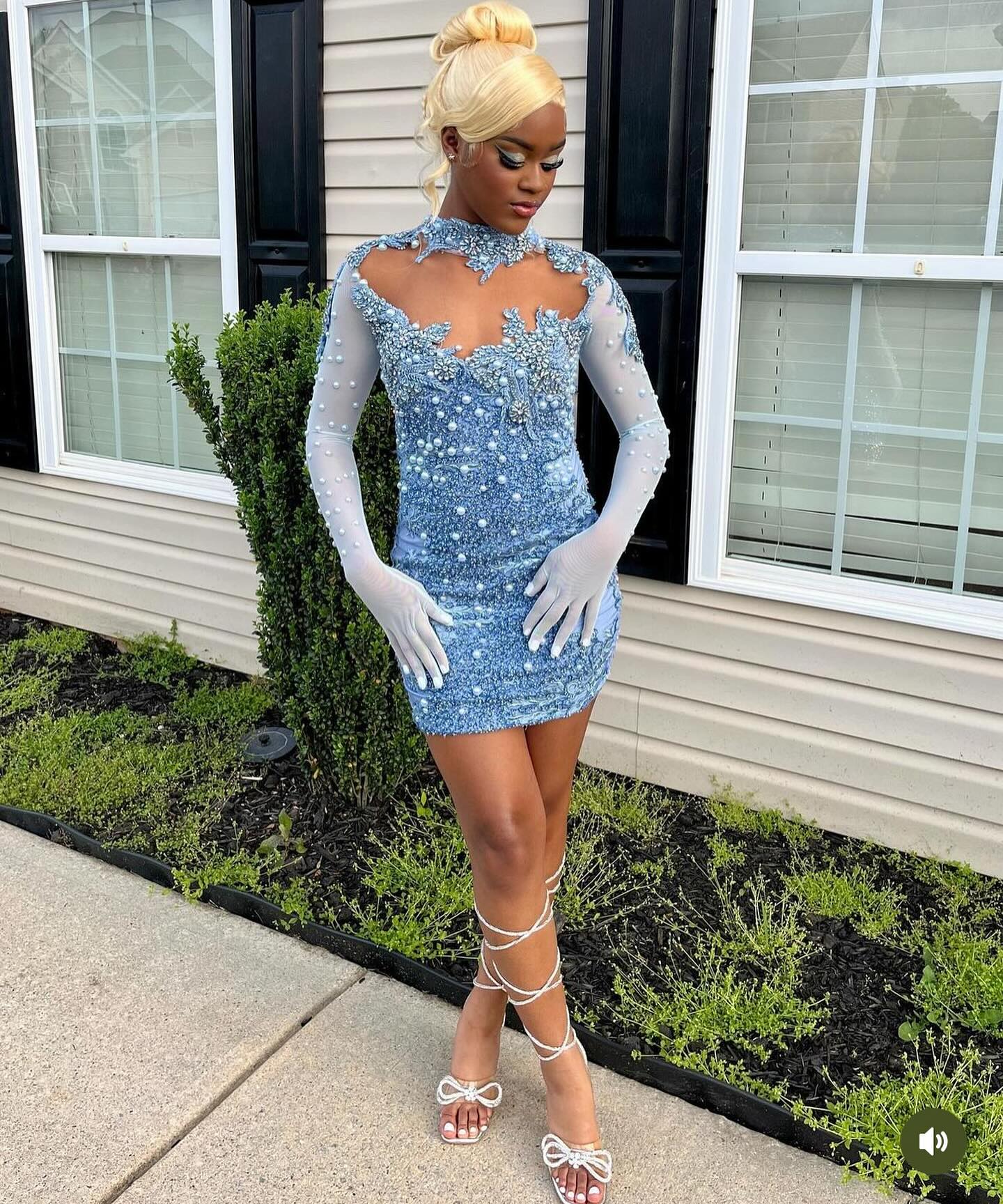 Elegant Sky Blue High Neck Long Sleeves Tulle Prom Dress with Pearls-BallBride