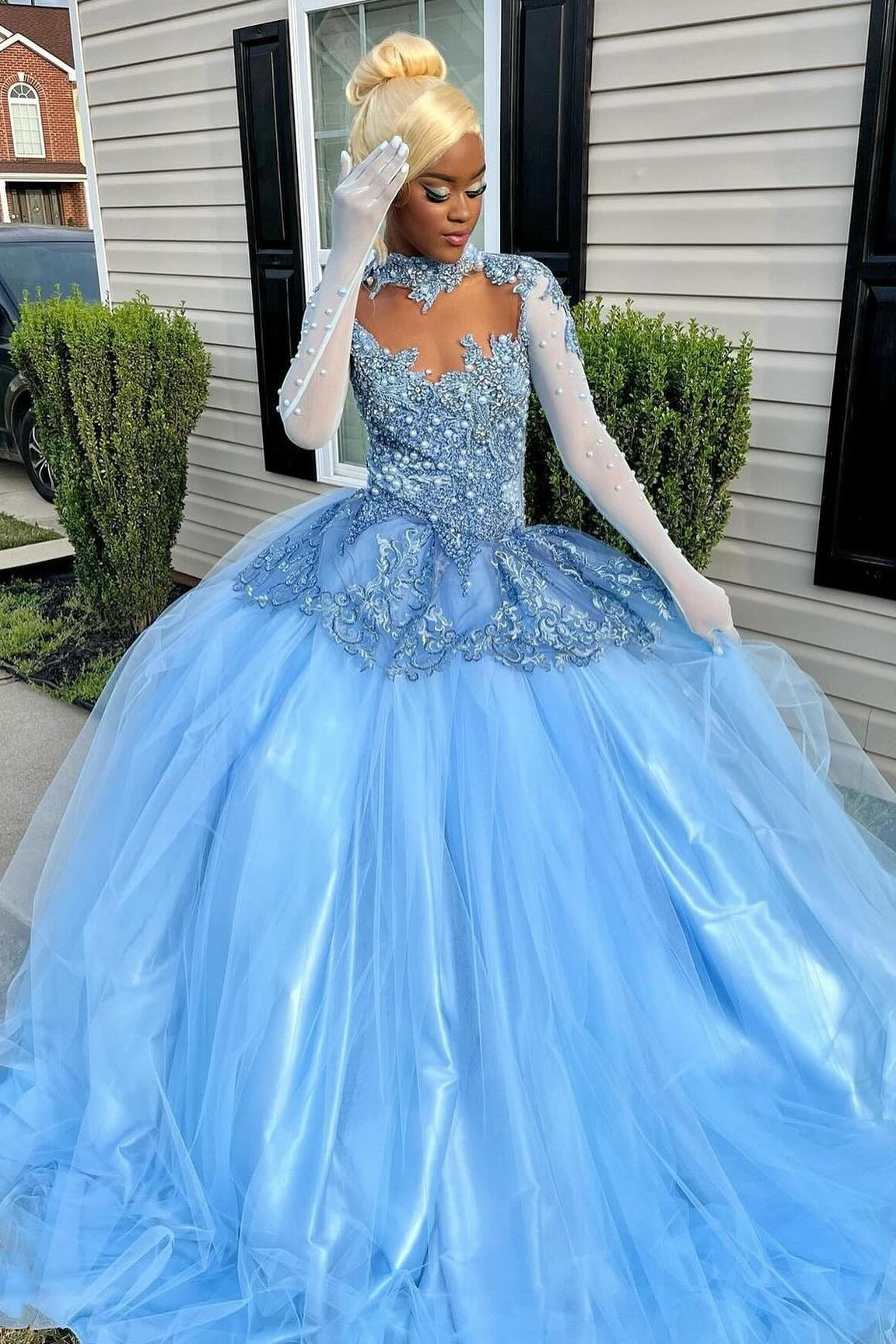 Elegant Sky Blue High Neck Long Sleeves Tulle Prom Dress with Pearls-BallBride