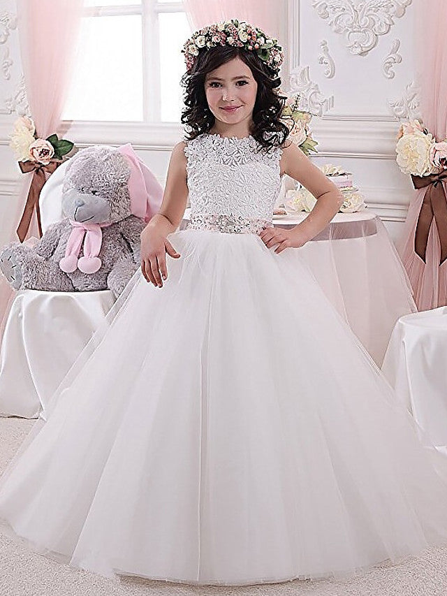 Elegant Sleeveless Jewel Ball Gown Floor Length Flower Girl Dress-BallBride