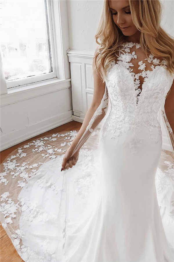 Elegant Sleeveless Mermaid Wedding Dress With Lace Appliques-BallBride