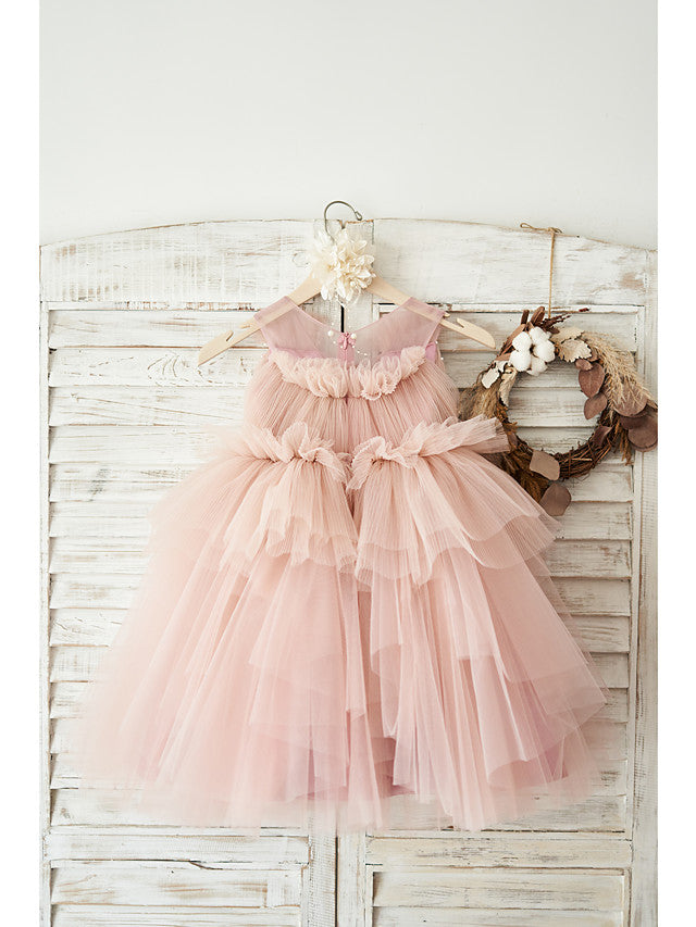 Elegant Sleeveless V Neck Ball Gown Knee Length Flower Girl Dress with Tulle and Pearls Belt-BallBride