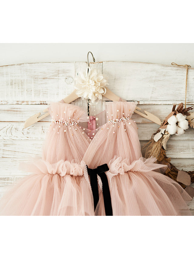 Elegant Sleeveless V Neck Ball Gown Knee Length Flower Girl Dress with Tulle and Pearls Belt-BallBride
