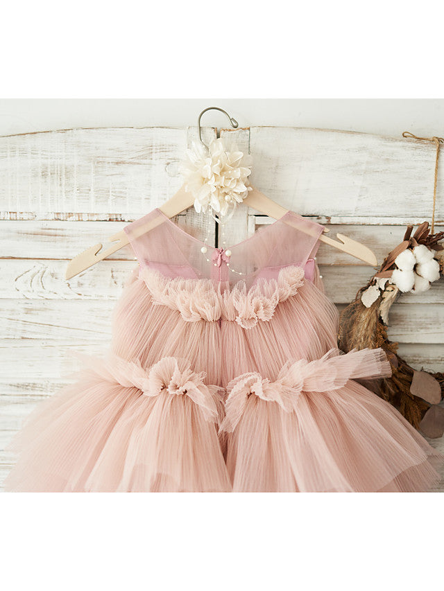 Elegant Sleeveless V Neck Ball Gown Knee Length Flower Girl Dress with Tulle and Pearls Belt-BallBride