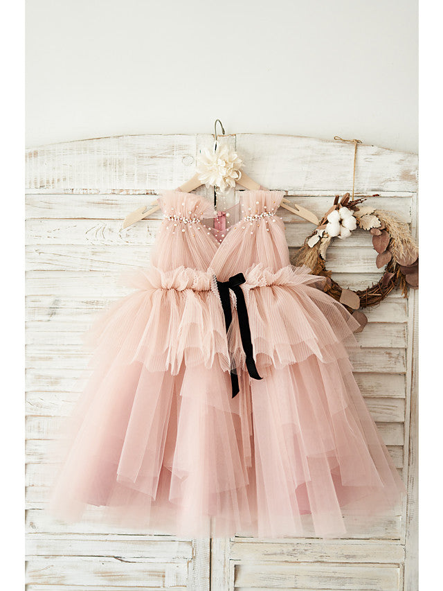 Elegant Sleeveless V Neck Ball Gown Knee Length Flower Girl Dress with Tulle and Pearls Belt-BallBride