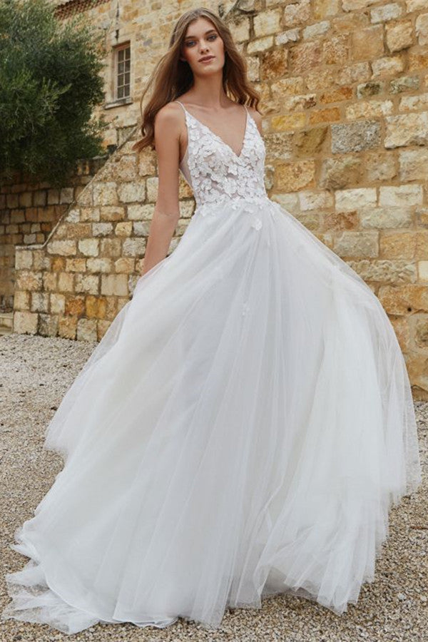 Elegant Spaghetti-Strap A Line Wedding Dress with Lace and Tulle-BallBride