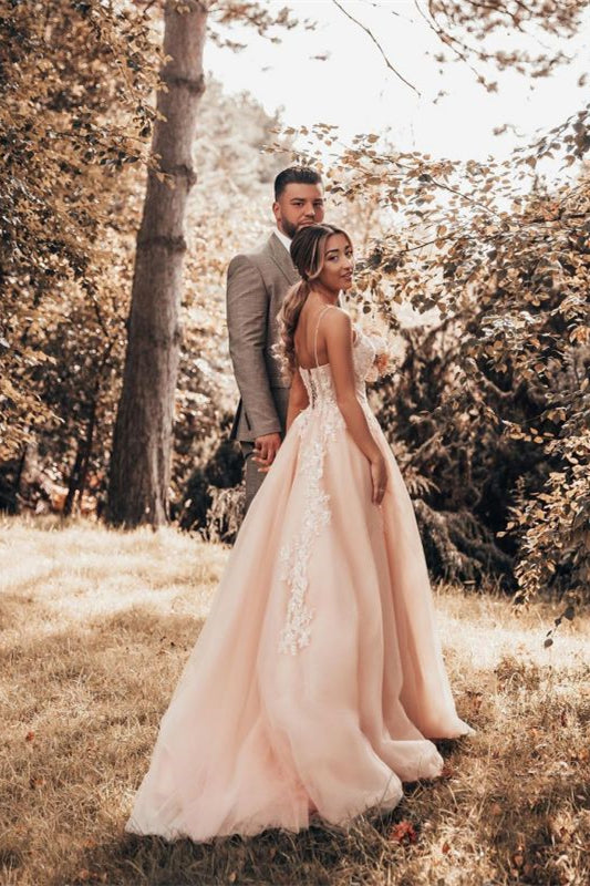 Elegant Spaghetti-Strap Tulle Lace A Line Wedding Dress-BallBride