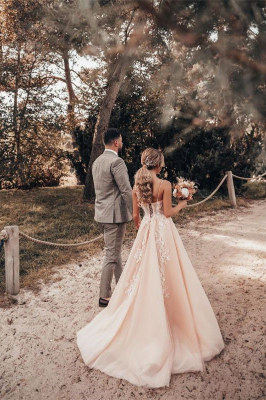 Elegant Spaghetti-Strap Tulle Lace A Line Wedding Dress-BallBride