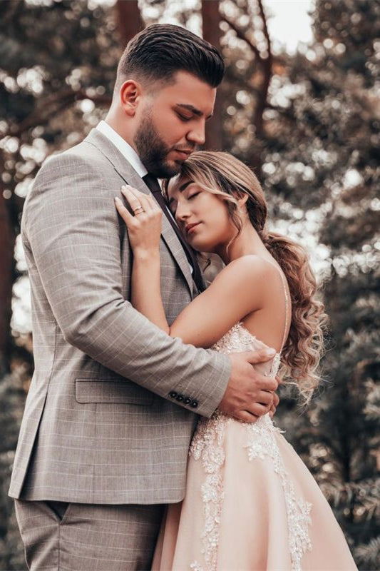 Elegant Spaghetti-Strap Tulle Lace A Line Wedding Dress-BallBride