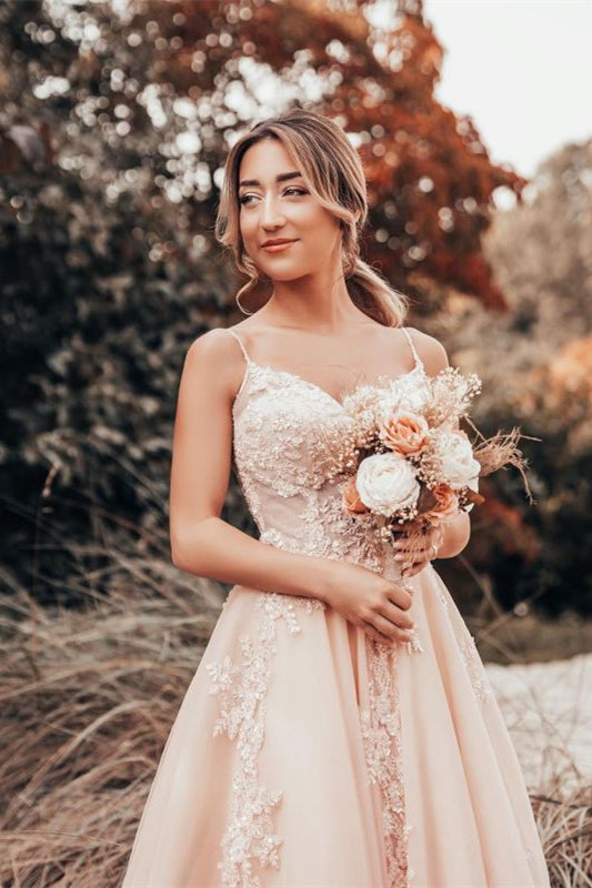 Elegant Spaghetti-Strap Tulle Lace A Line Wedding Dress-BallBride