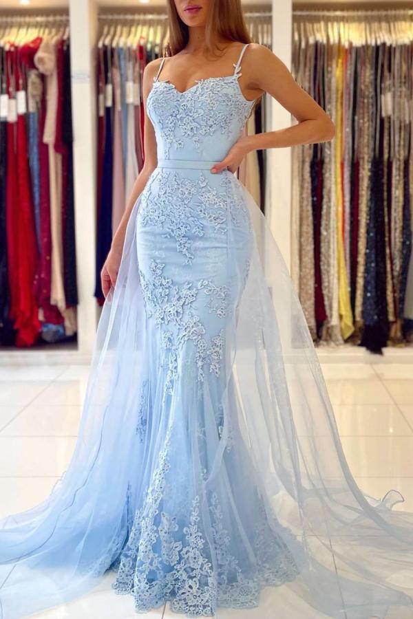 Elegant Spaghetti-Straps Lace Evening Gowns - Sky Mermaid Long Evening Party Gowns-BallBride
