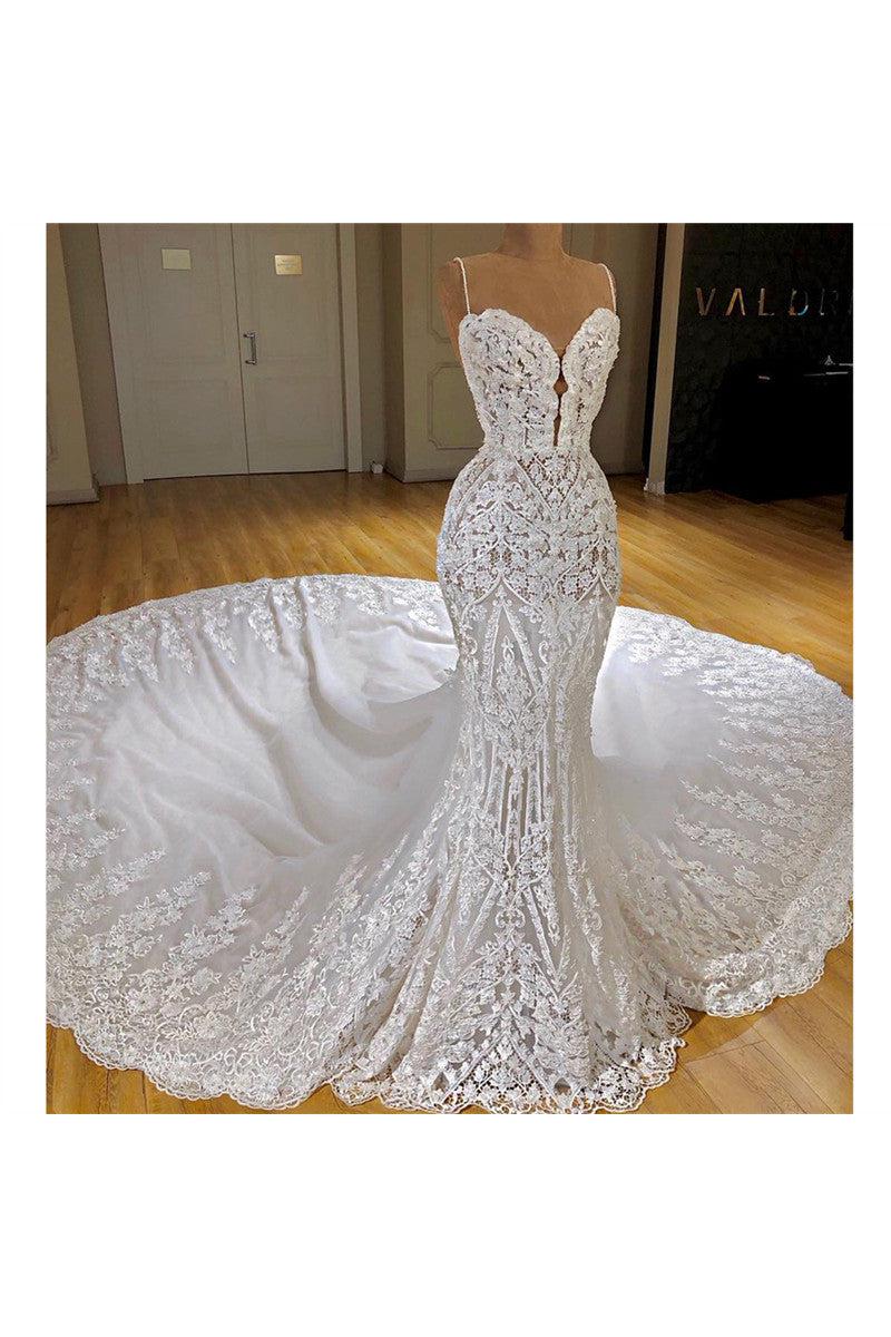 Elegant Spaghetti-Straps Lace Mermaid Wedding Dress with Train Appliques-BallBride